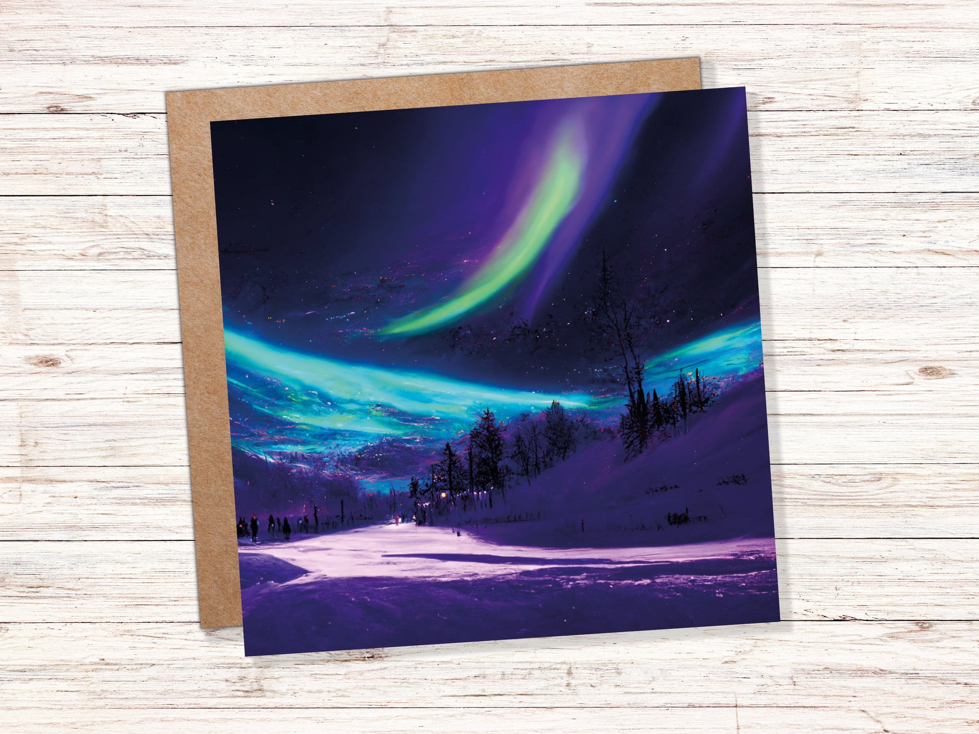 Northern Lights Painting Card Snow Scene Green Purple Aurora Borealis Polar Sky Winter Night Cards For Family Friends Birthdays Thank You