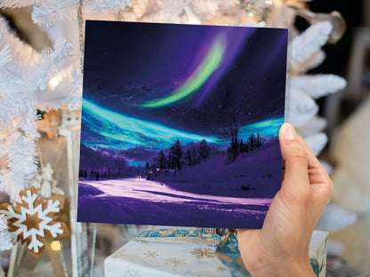 Northern Lights Painting Card Snow Scene Green Purple Aurora Borealis Polar Sky Winter Night Cards For Family Friends Birthdays Thank You