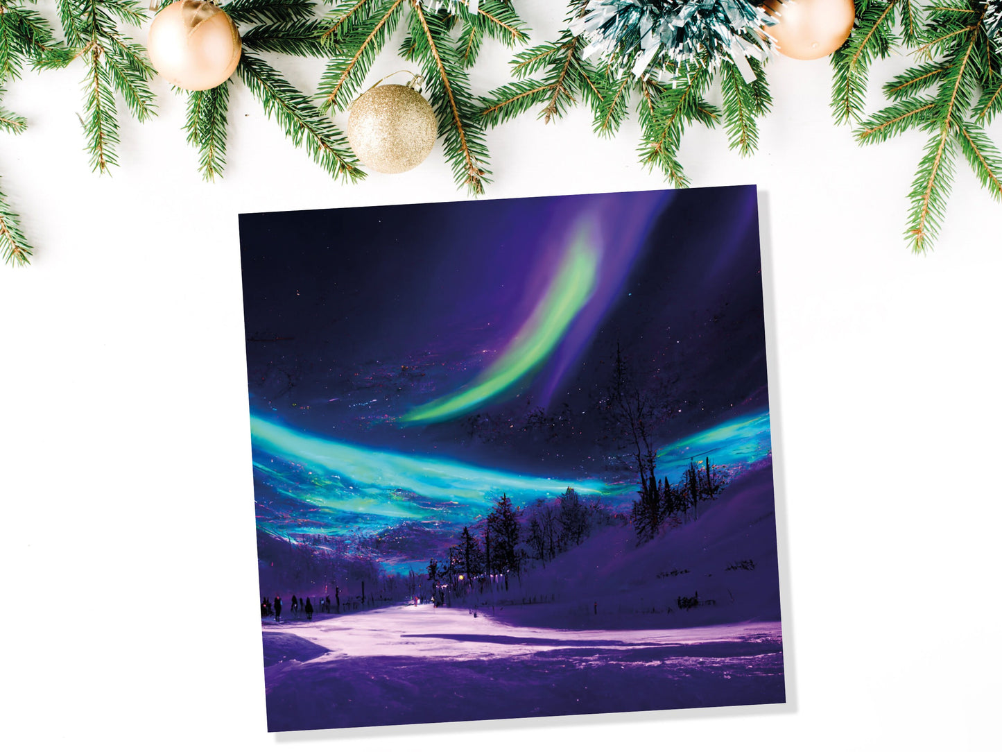 Northern Lights Painting Card Snow Scene Green Purple Aurora Borealis Polar Sky Winter Night Cards For Family Friends Birthdays Thank You