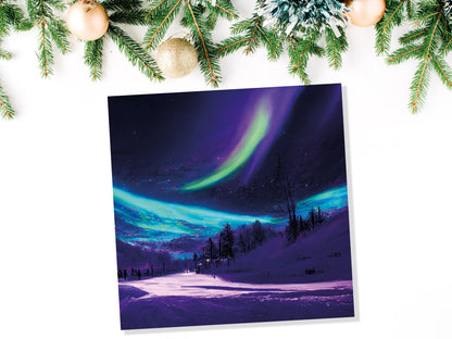 Northern Lights Painting Card Snow Scene Green Purple Aurora Borealis Polar Sky Winter Night Cards For Family Friends Birthdays Thank You