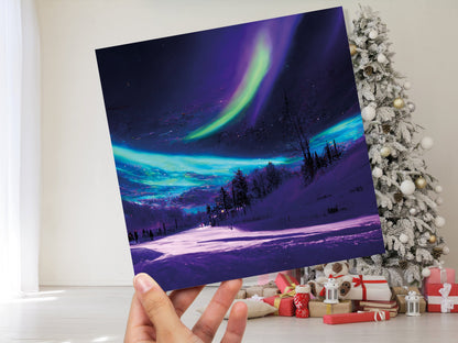 Northern Lights Painting Card Snow Scene Green Purple Aurora Borealis Polar Sky Winter Night Cards For Family Friends Birthdays Thank You