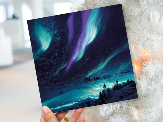 Magical Landscape Card Aurora Borealis Glowing Icy Northern Lights Glistening Snow Scene Galaxy Cards For Family Friends Birthdays Thank You