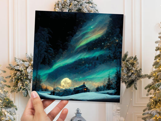 Aurora Borealis Card Northern Lights Moon Glowing Winter Sky Impressionist Painting Snow Scene Birthday Thank You Cards For Family Friends