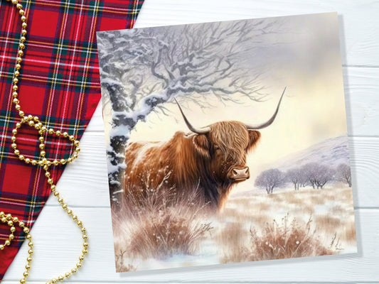 Highland Cow Card Scottish Highlands Watercolour Watery Winter Sky Scene Snowy Landscape Coo Cards For Family Friends Birthdays Thank You