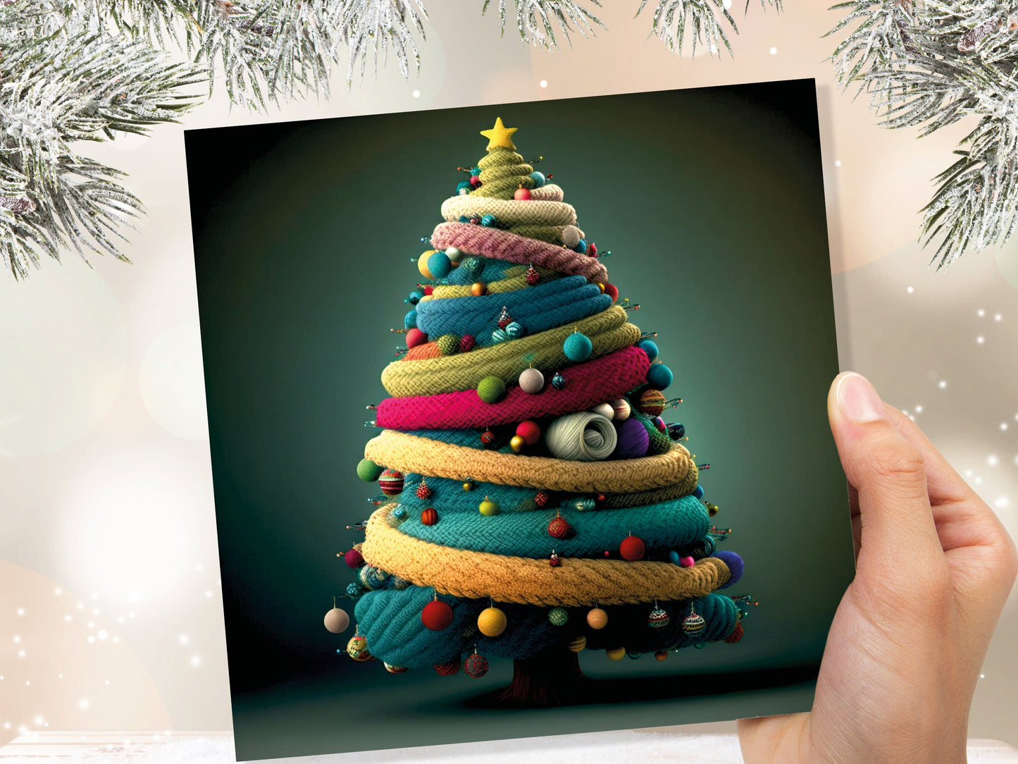 Woollen Christmas Tree Card Knitted Knitting Crochet Yarn Wool Crafters Crafting Knitted Bobbles Felt Fun Xmas Cards For Family Friends 2023