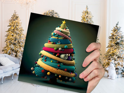 Woollen Christmas Tree Card Knitted Knitting Crochet Yarn Wool Crafters Crafting Knitted Bobbles Felt Fun Xmas Cards For Family Friends 2023