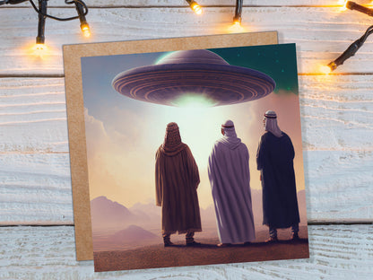 Spaceman Christmas Cards Funny Ironic Alien Came Travelling Three Wise Men Star of Bethlehem Fun Xmas Greetings Card For Family Friends 2023