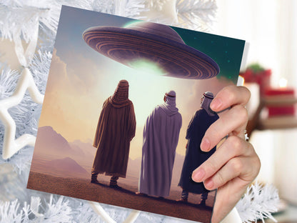 Spaceman Christmas Cards Funny Ironic Alien Came Travelling Three Wise Men Star of Bethlehem Fun Xmas Greetings Card For Family Friends 2023