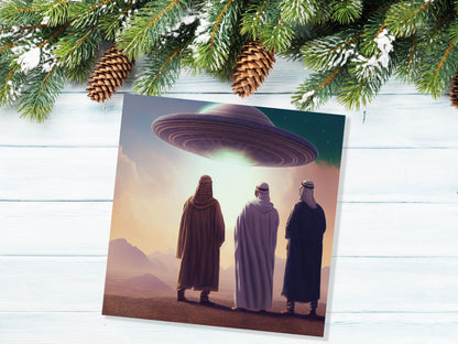 Spaceman Christmas Cards Funny Ironic Alien Came Travelling Three Wise Men Star of Bethlehem Fun Xmas Greetings Card For Family Friends 2023