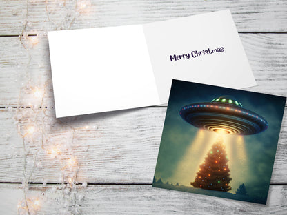 Alien Christmas Card Funny UFO Spaceman Spaceship Christmas Tree Abduction Beam Me Up Ironic Fun Xmas Greetings Card For Family Friends 2023