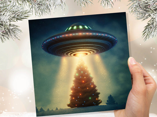 Alien Christmas Card Funny UFO Spaceman Spaceship Christmas Tree Abduction Beam Me Up Ironic Fun Xmas Greetings Card For Family Friends 2023