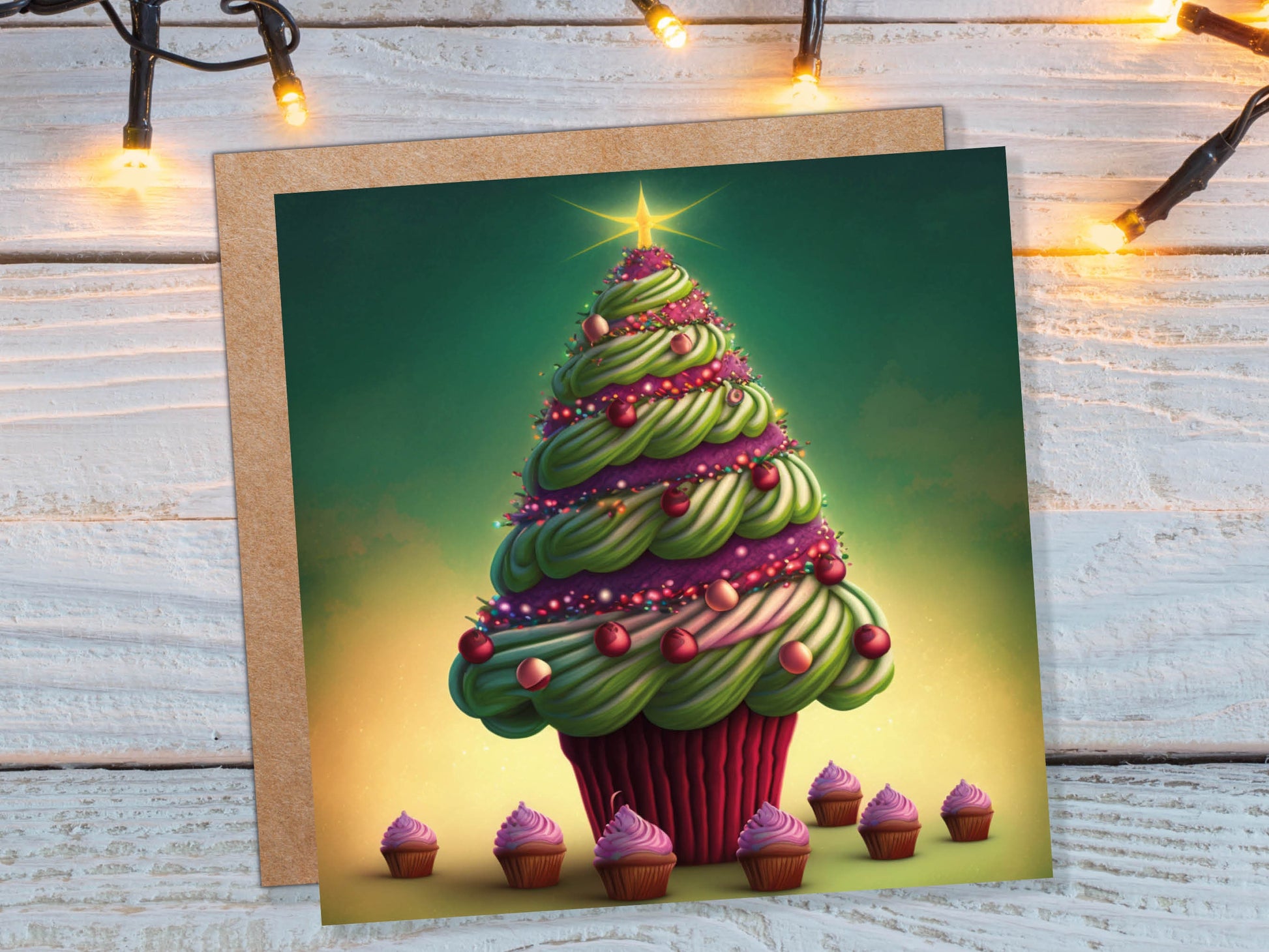 Cupcake Christmas Tree Card Fairy Cake with Green Frosting Icing Pink Sprinkles Xmas Greetings Card For Bakers Baking Family Friends 2023