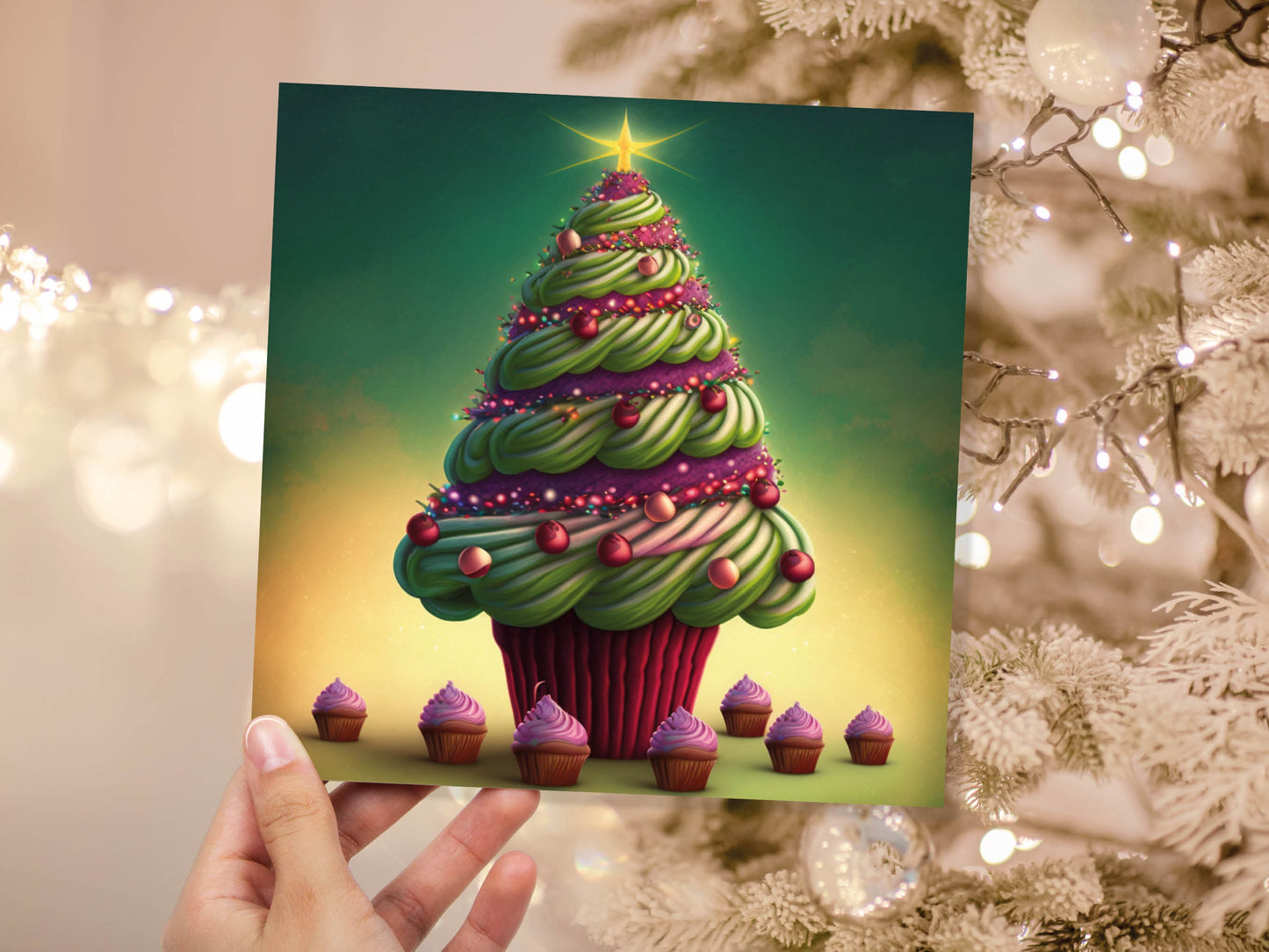 Cupcake Christmas Tree Card Fairy Cake with Green Frosting Icing Pink Sprinkles Xmas Greetings Card For Bakers Baking Family Friends 2023