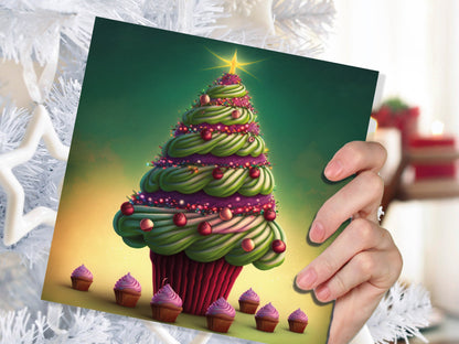 Cupcake Christmas Tree Card Fairy Cake with Green Frosting Icing Pink Sprinkles Xmas Greetings Card For Bakers Baking Family Friends 2023