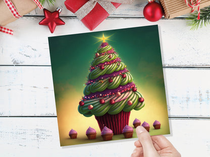 Cupcake Christmas Tree Card Fairy Cake with Green Frosting Icing Pink Sprinkles Xmas Greetings Card For Bakers Baking Family Friends 2023