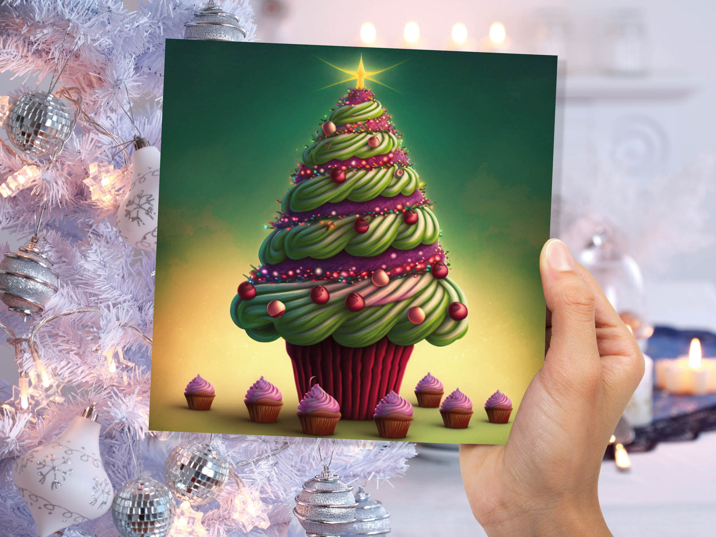 Cupcake Christmas Tree Card Fairy Cake with Green Frosting Icing Pink Sprinkles Xmas Greetings Card For Bakers Baking Family Friends 2023