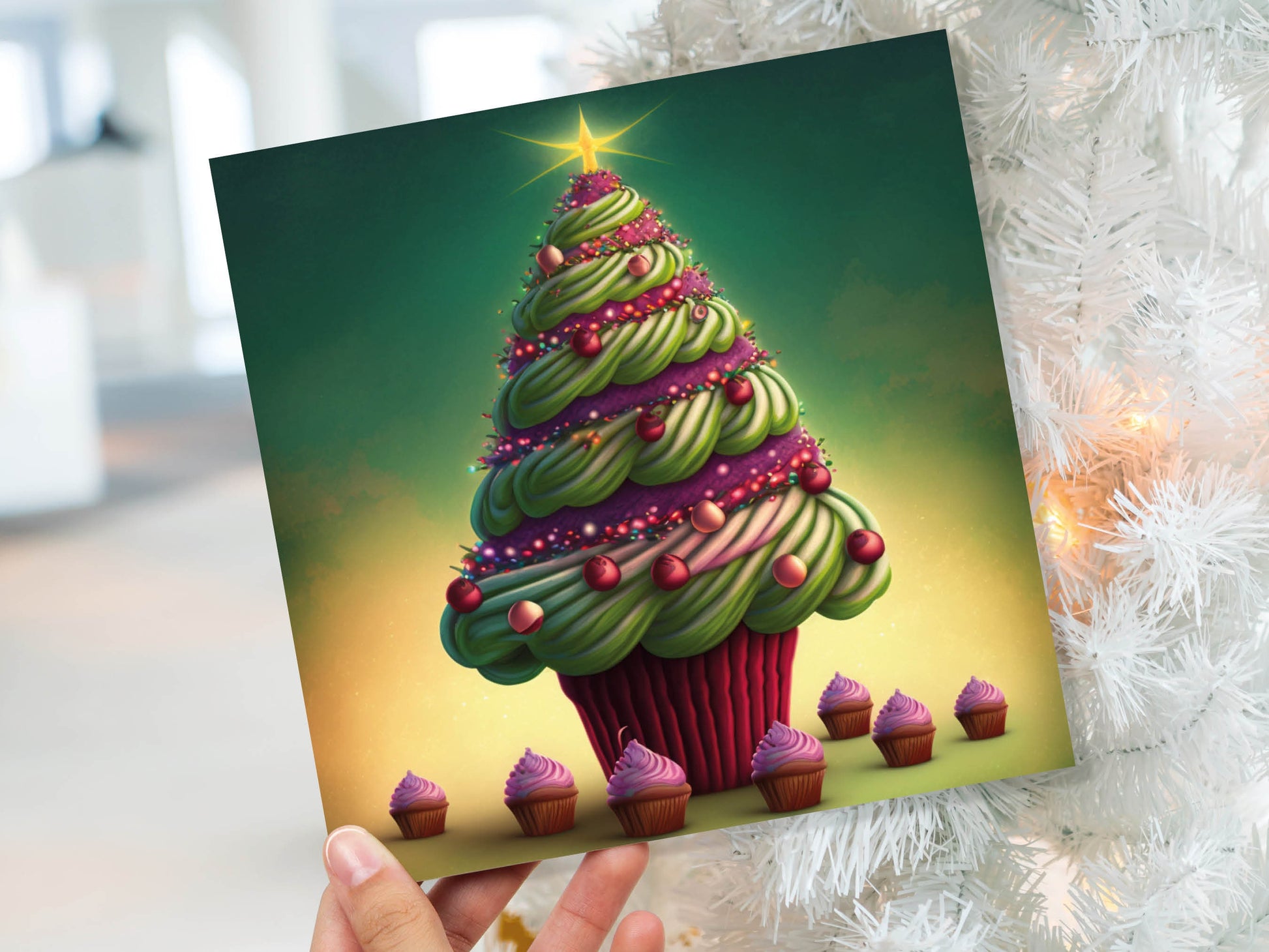 Cupcake Christmas Tree Card Fairy Cake with Green Frosting Icing Pink Sprinkles Xmas Greetings Card For Bakers Baking Family Friends 2023