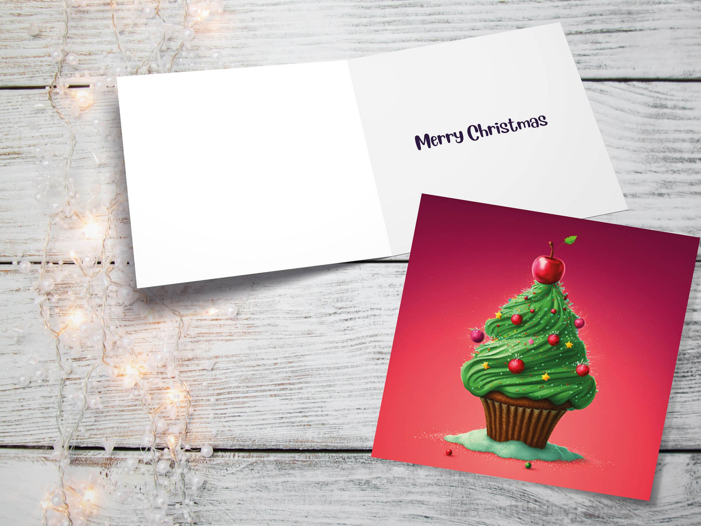 Cake Christmas Tree Card Fairy Cupcake with Green Frosting Icing Red Sprinkles Xmas Greetings Card For Bakers Baking Family Friends 2023