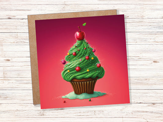 Cake Christmas Tree Card Fairy Cupcake with Green Frosting Icing Red Sprinkles Xmas Greetings Card For Bakers Baking Family Friends 2023