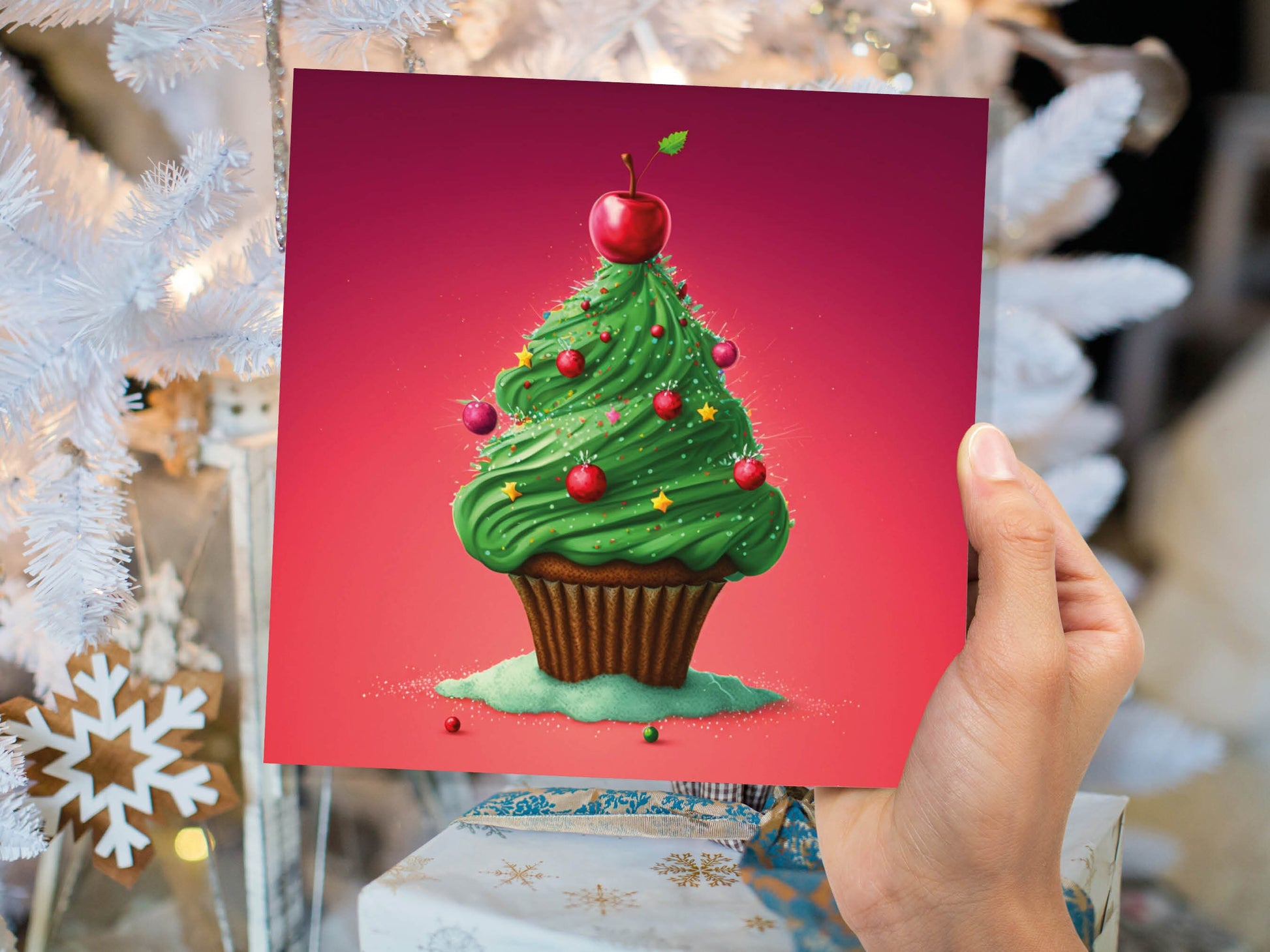 Cake Christmas Tree Card Fairy Cupcake with Green Frosting Icing Red Sprinkles Xmas Greetings Card For Bakers Baking Family Friends 2023