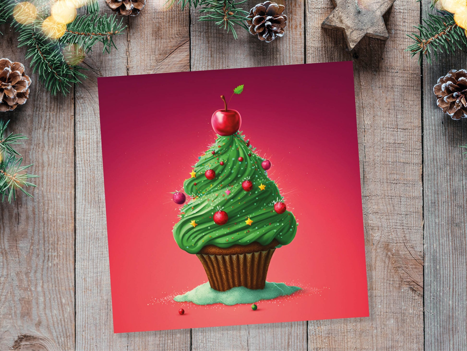 Cake Christmas Tree Card Fairy Cupcake with Green Frosting Icing Red Sprinkles Xmas Greetings Card For Bakers Baking Family Friends 2023