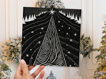 Black Christmas Tree Card Linocut Monochrome Magical Stars Starry Forest Snow Scene Snowy Night Sky Greetings For Family Friends Xmas 2023