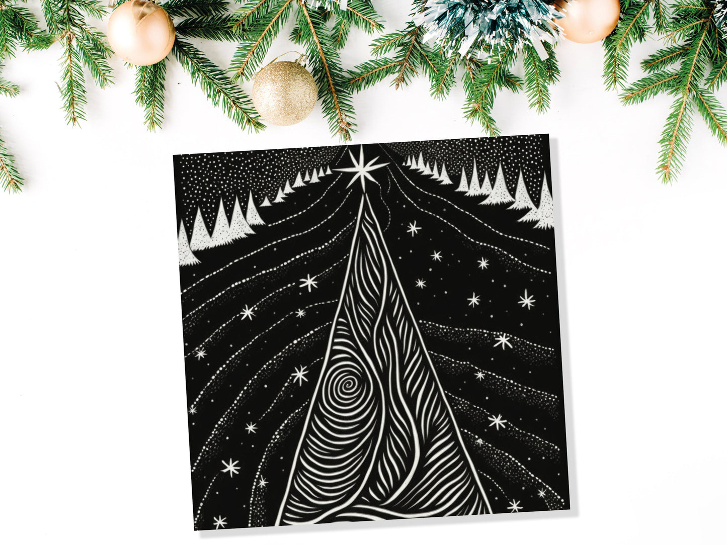 Black Christmas Tree Card Linocut Monochrome Magical Stars Starry Forest Snow Scene Snowy Night Sky Greetings For Family Friends Xmas 2023