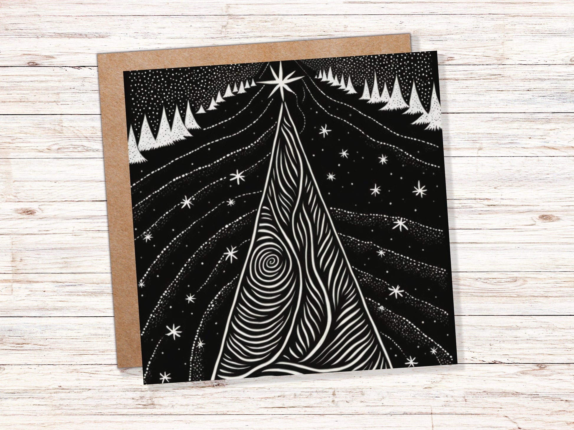 Black Christmas Tree Card Linocut Monochrome Magical Stars Starry Forest Snow Scene Snowy Night Sky Greetings For Family Friends Xmas 2023