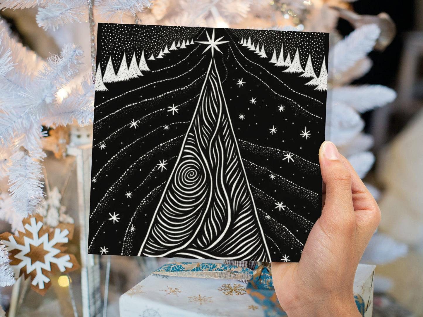 Black Christmas Tree Card Linocut Monochrome Magical Stars Starry Forest Snow Scene Snowy Night Sky Greetings For Family Friends Xmas 2023