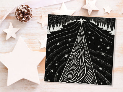 Black Christmas Tree Card Linocut Monochrome Magical Stars Starry Forest Snow Scene Snowy Night Sky Greetings For Family Friends Xmas 2023