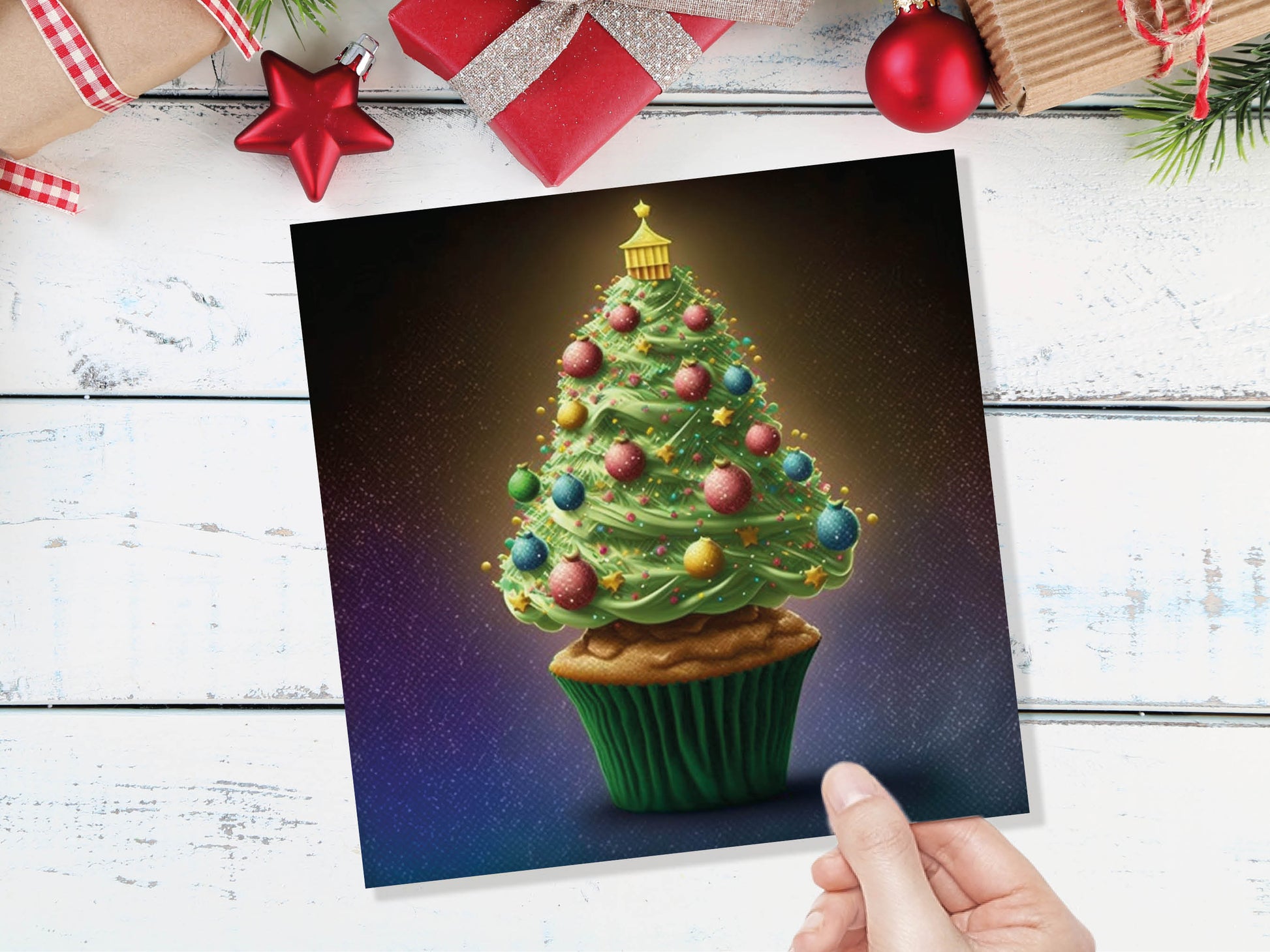 Cake Lovers Christmas Card Fairy Cupcake Tree Green Frosting Icing Pastel Baubles Xmas Greetings Card For Bakers Baking Family Friends 2023