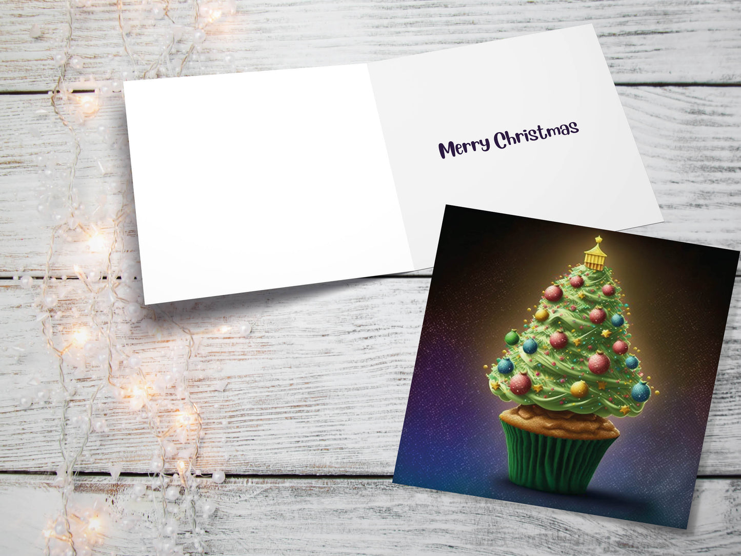 Cake Lovers Christmas Card Fairy Cupcake Tree Green Frosting Icing Pastel Baubles Xmas Greetings Card For Bakers Baking Family Friends 2023