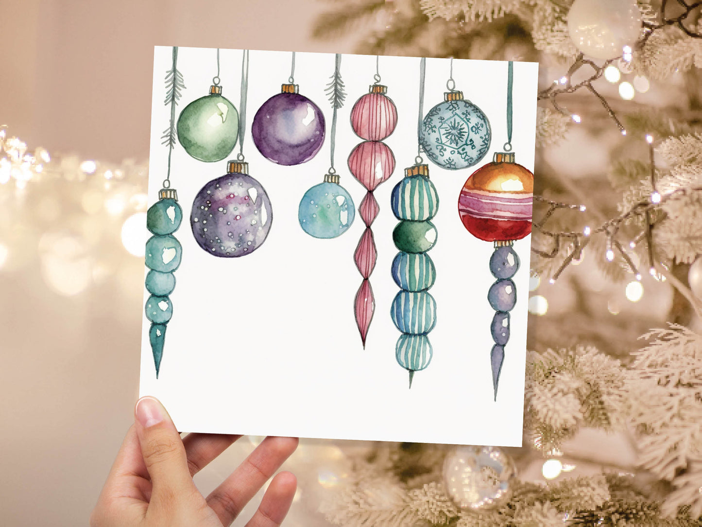 Watercolour Baubles Christmas Card Hanging Decorations Green Red White Festive Pretty Simple Greetings Cards For Family Friends Xmas 2023