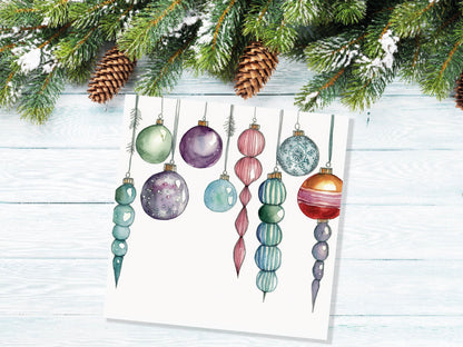 Watercolour Baubles Christmas Card Hanging Decorations Green Red White Festive Pretty Simple Greetings Cards For Family Friends Xmas 2023