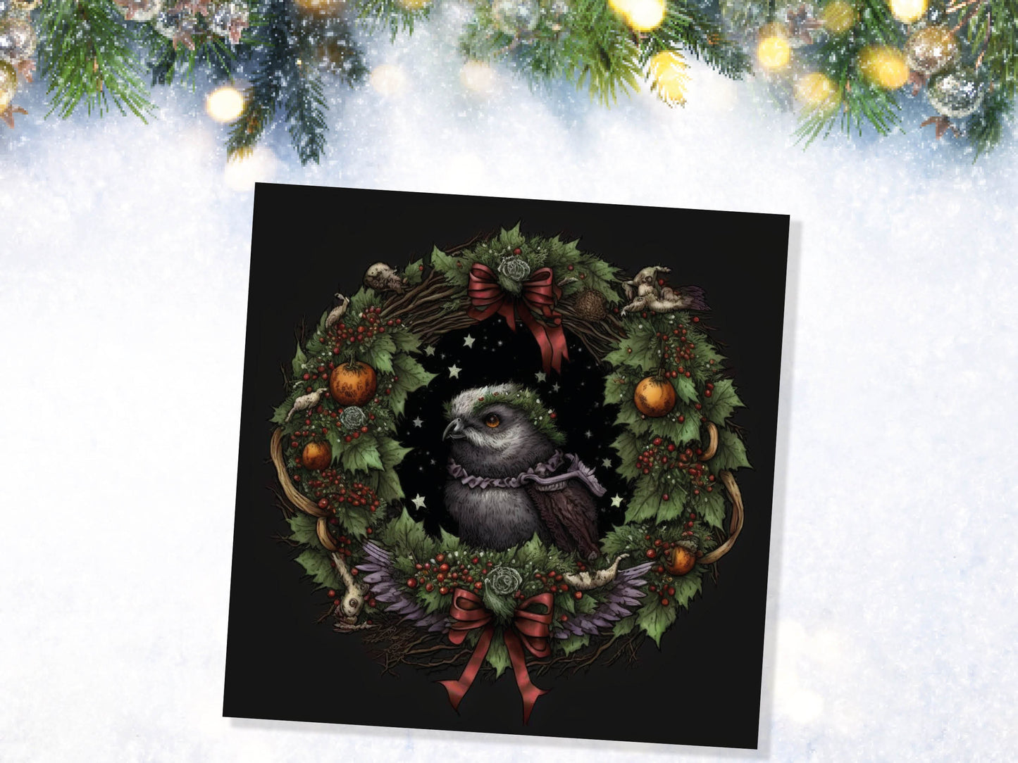 Pagan Yule Christmas Card Witchy Wiccan Owl Wreath with Dark Red and Green Leaves and Branches Design Greetings For Family Friends Xmas 2023