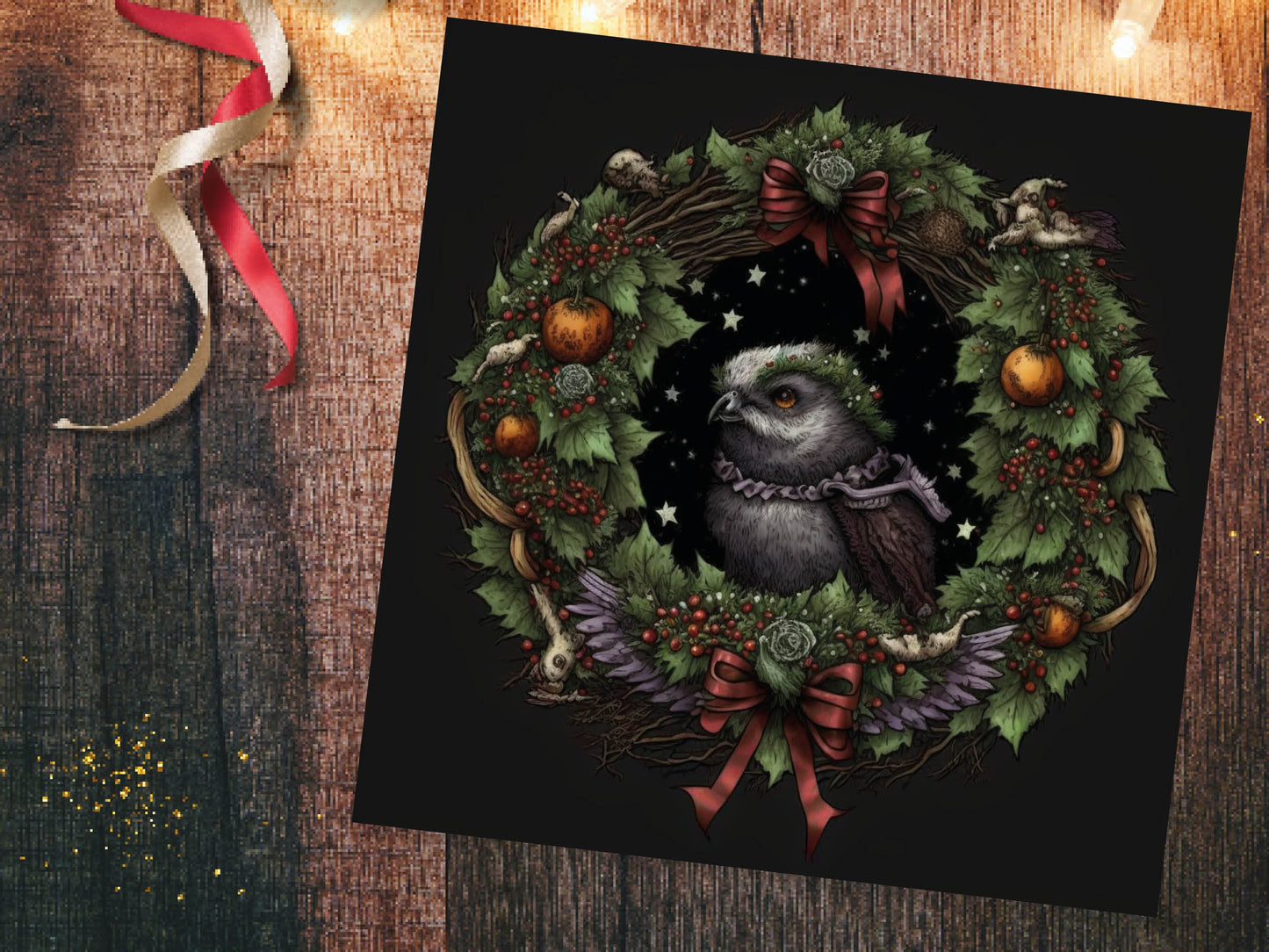 Pagan Yule Christmas Card Witchy Wiccan Owl Wreath with Dark Red and Green Leaves and Branches Design Greetings For Family Friends Xmas 2023