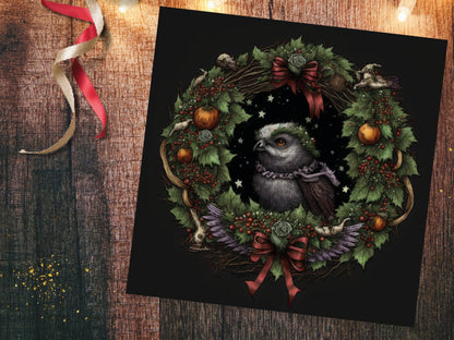 Pagan Yule Christmas Card Witchy Wiccan Owl Wreath with Dark Red and Green Leaves and Branches Design Greetings For Family Friends Xmas 2023