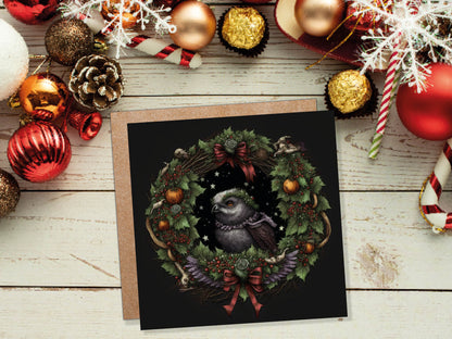 Pagan Yule Christmas Card Witchy Wiccan Owl Wreath with Dark Red and Green Leaves and Branches Design Greetings For Family Friends Xmas 2023