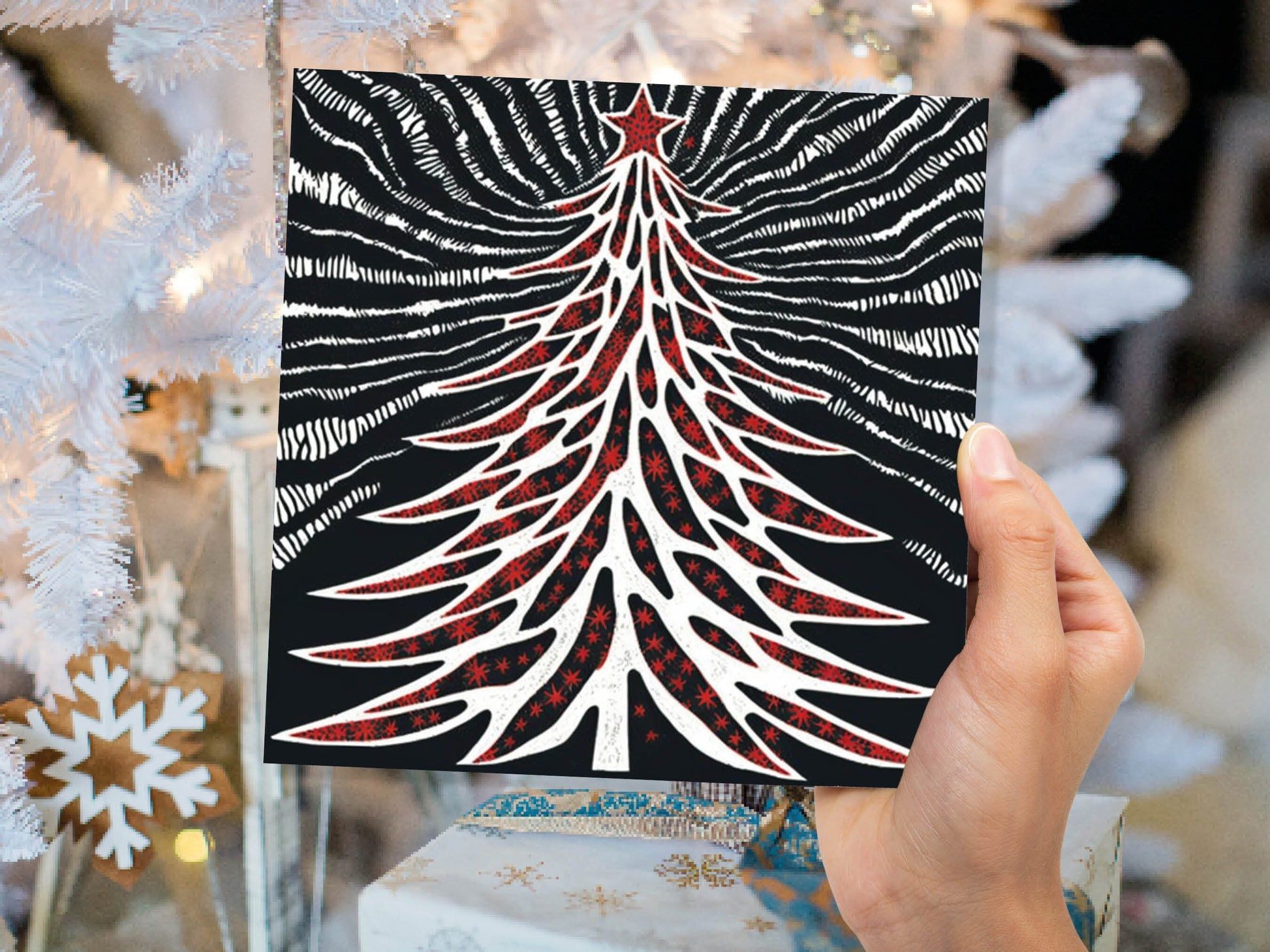 Linocut Christmas Tree Card Black White Red Retro Monochrome Magical Northern Lights Night Sky Greetings Cards For Family Friends Xmas 2023