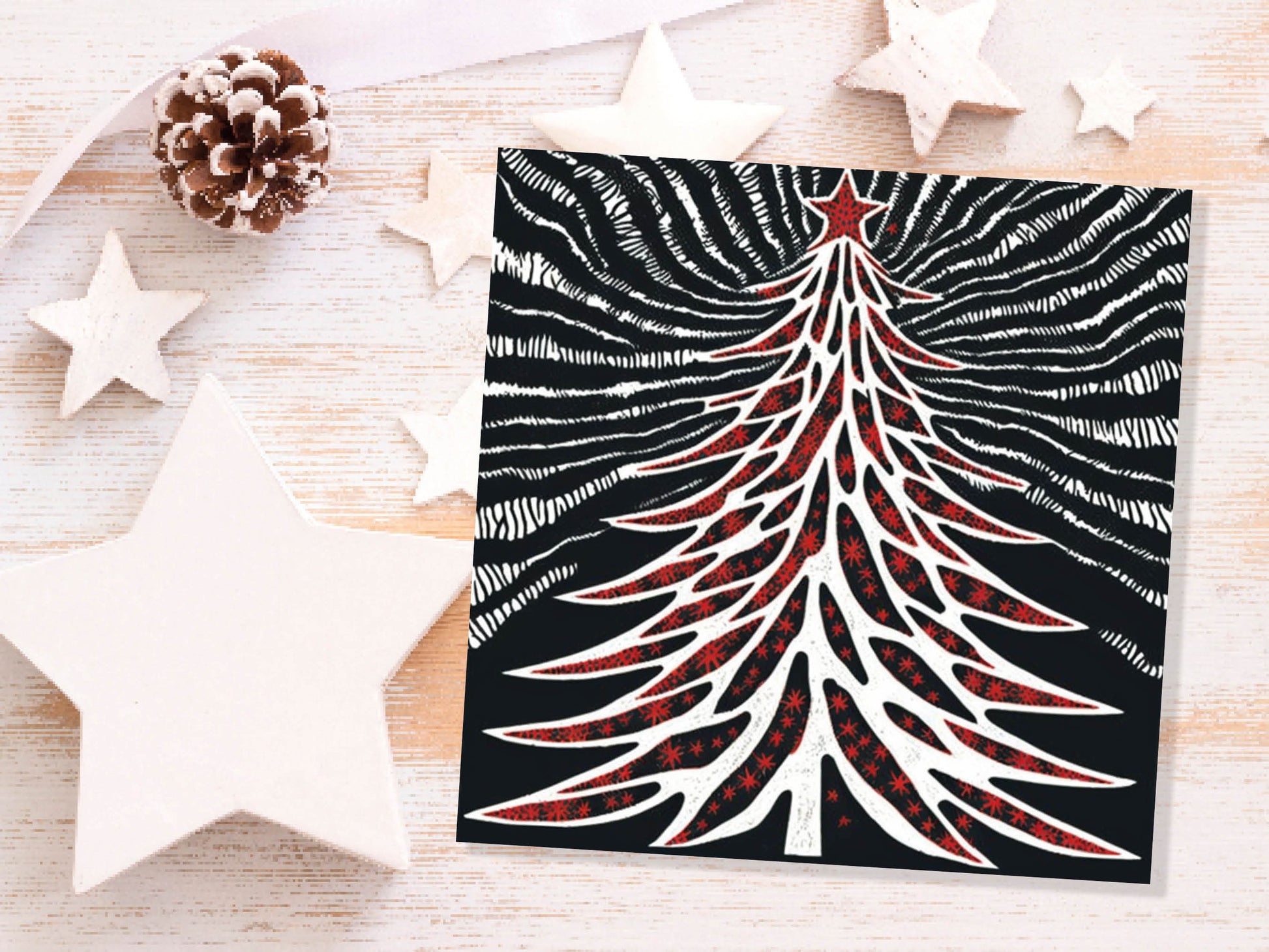 Linocut Christmas Tree Card Black White Red Retro Monochrome Magical Northern Lights Night Sky Greetings Cards For Family Friends Xmas 2023