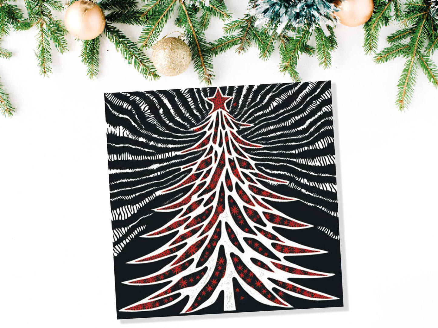 Linocut Christmas Tree Card Black White Red Retro Monochrome Magical Northern Lights Night Sky Greetings Cards For Family Friends Xmas 2023