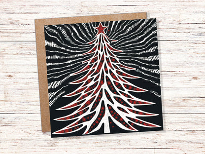 Linocut Christmas Tree Card Black White Red Retro Monochrome Magical Northern Lights Night Sky Greetings Cards For Family Friends Xmas 2023