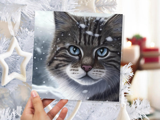 Beautiful Cat Card Grey Tabby Blue Eyes Watching Snow falling Tranquil Winter Scene Greetings Cards For Family Friends Birthdays Thank You