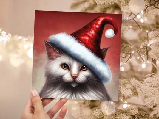 White Cat Christmas Card Long Haired Kitty Wearing Cute Red Santa Hat Festive with Amber Eyes Greetings Cards For Family Friends Xmas 2023