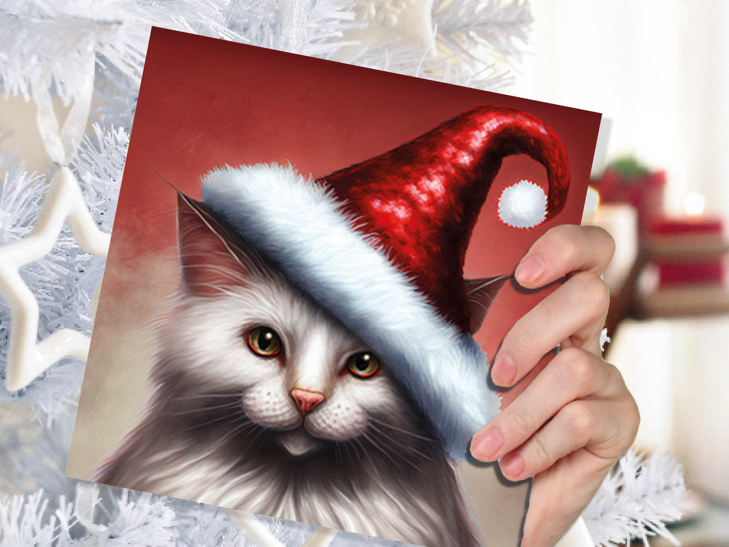 White Cat Christmas Card Long Haired Kitty Wearing Cute Red Santa Hat Festive with Amber Eyes Greetings Cards For Family Friends Xmas 2023