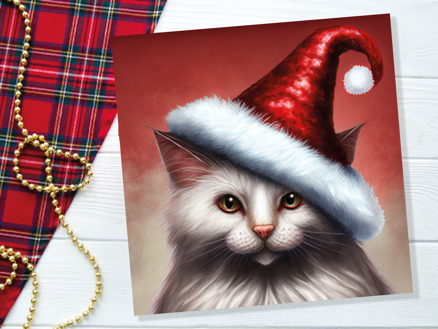 White Cat Christmas Card Long Haired Kitty Wearing Cute Red Santa Hat Festive with Amber Eyes Greetings Cards For Family Friends Xmas 2023