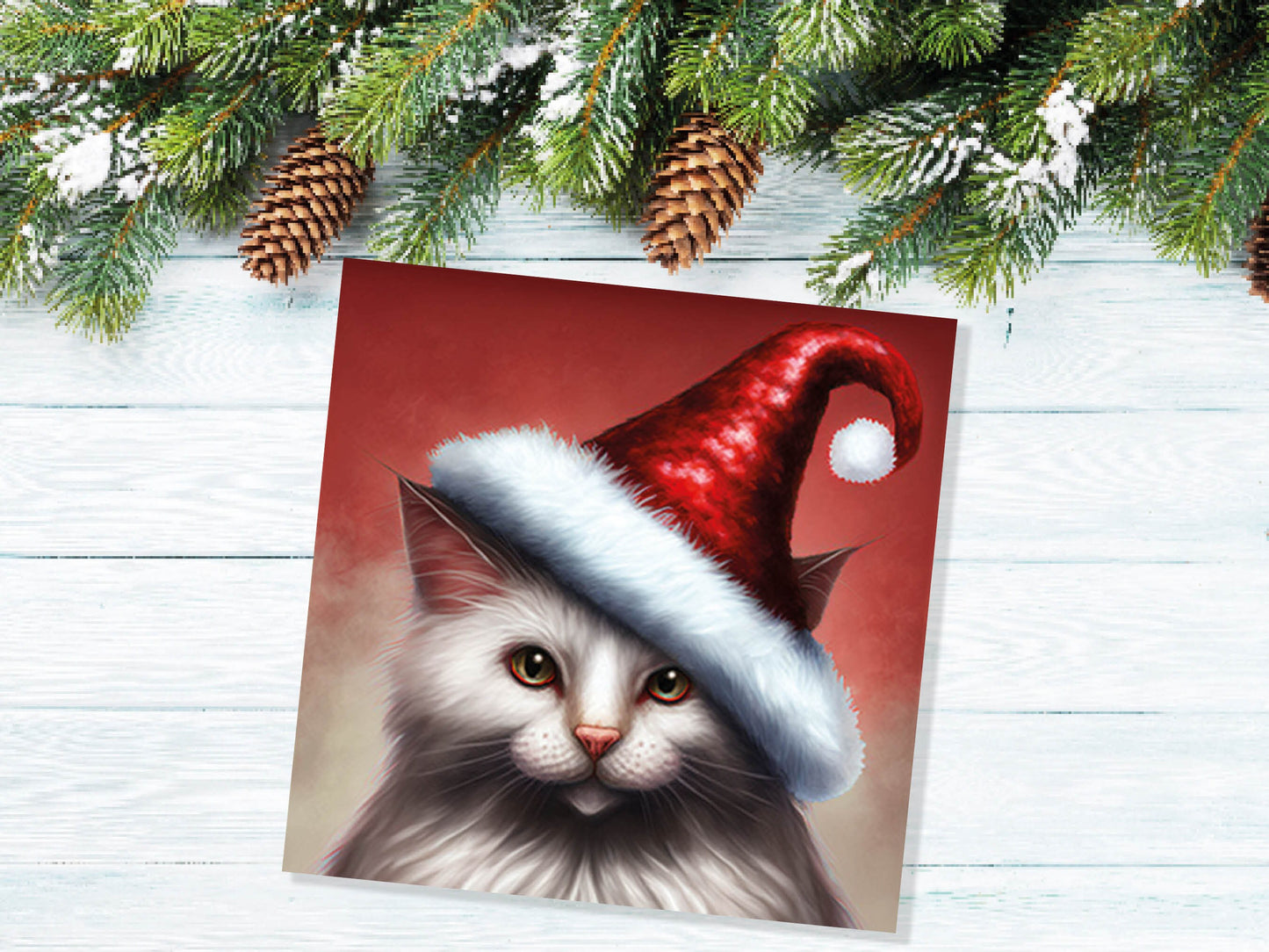 White Cat Christmas Card Long Haired Kitty Wearing Cute Red Santa Hat Festive with Amber Eyes Greetings Cards For Family Friends Xmas 2023