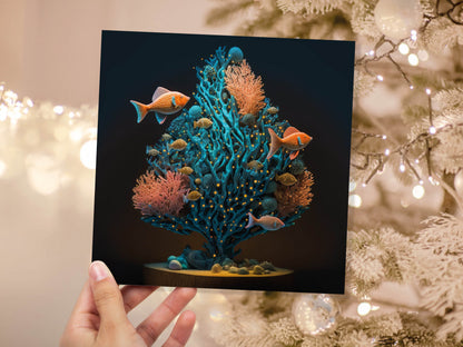 Coral Christmas Tree Card Underwater Ocean Scene Aqua Blue and Orange Sea Life Swim Fish Unique Greetings Cards For Family Friends Xmas 2023