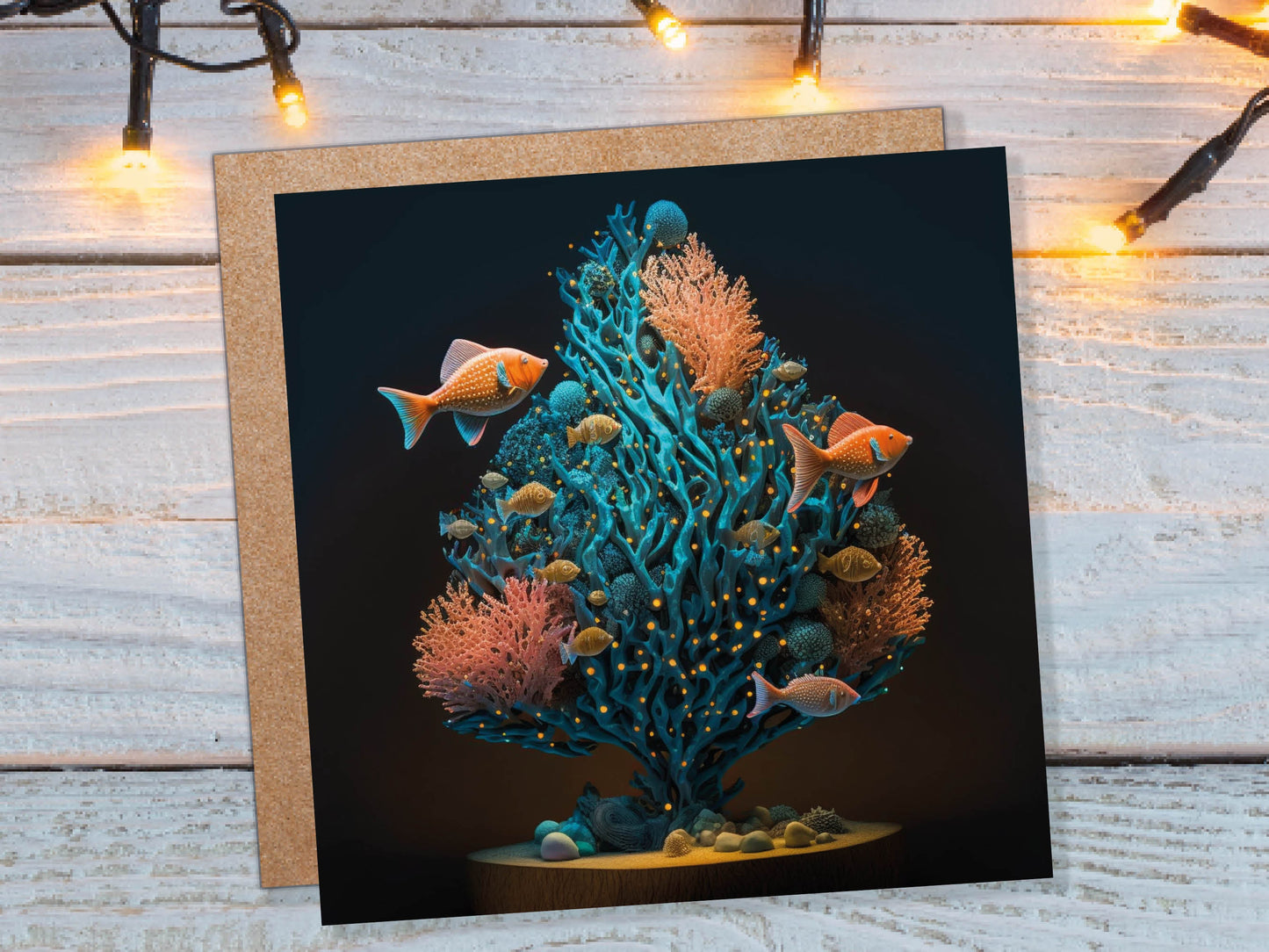 Coral Christmas Tree Card Underwater Ocean Scene Aqua Blue and Orange Sea Life Swim Fish Unique Greetings Cards For Family Friends Xmas 2023