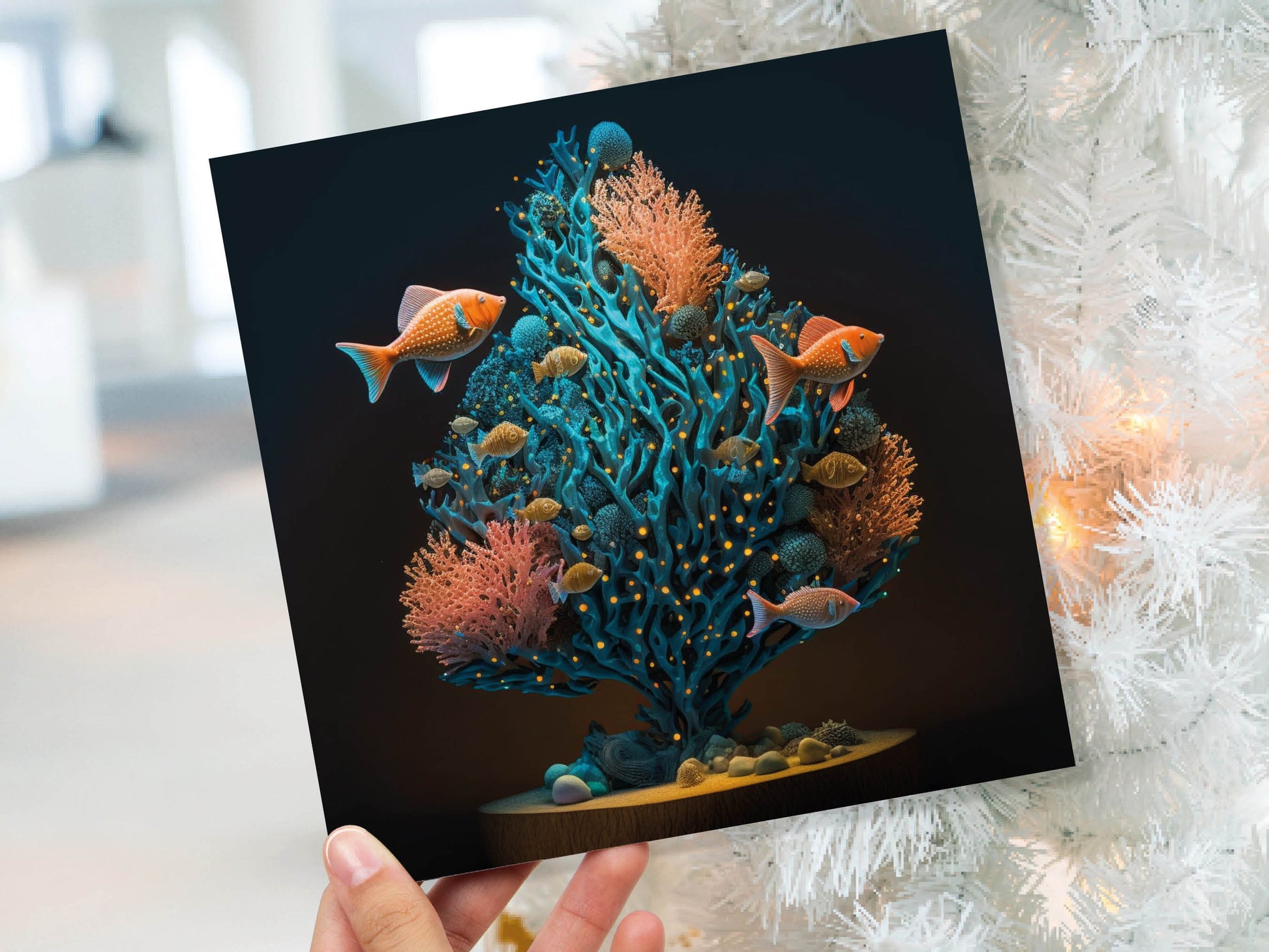 Coral Christmas Tree Card Underwater Ocean Scene Aqua Blue and Orange Sea Life Swim Fish Unique Greetings Cards For Family Friends Xmas 2023